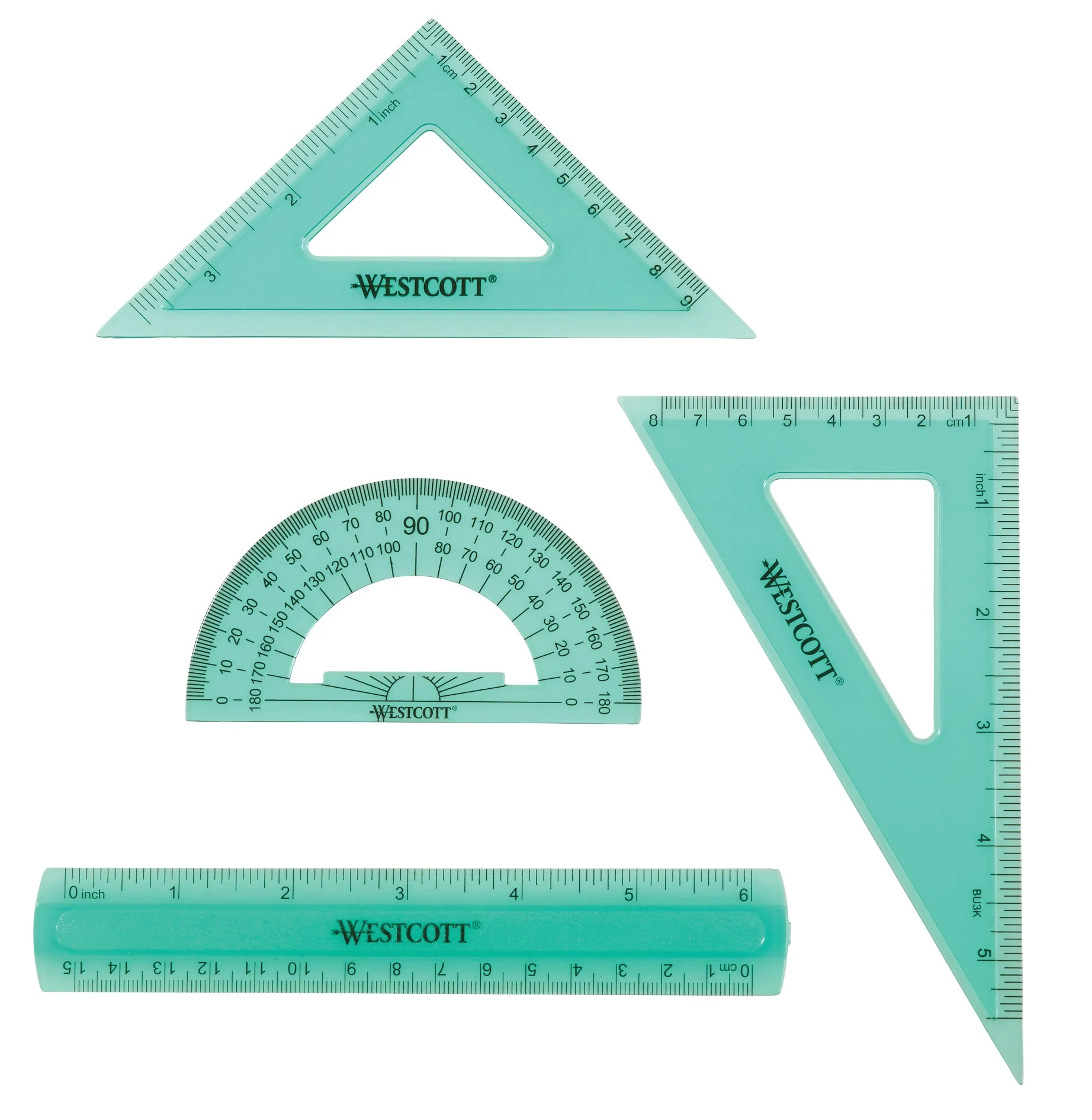 Westcott 4 Piece Flexible Math Tools Set, Assorted Colors, Green/Clear (15992S)